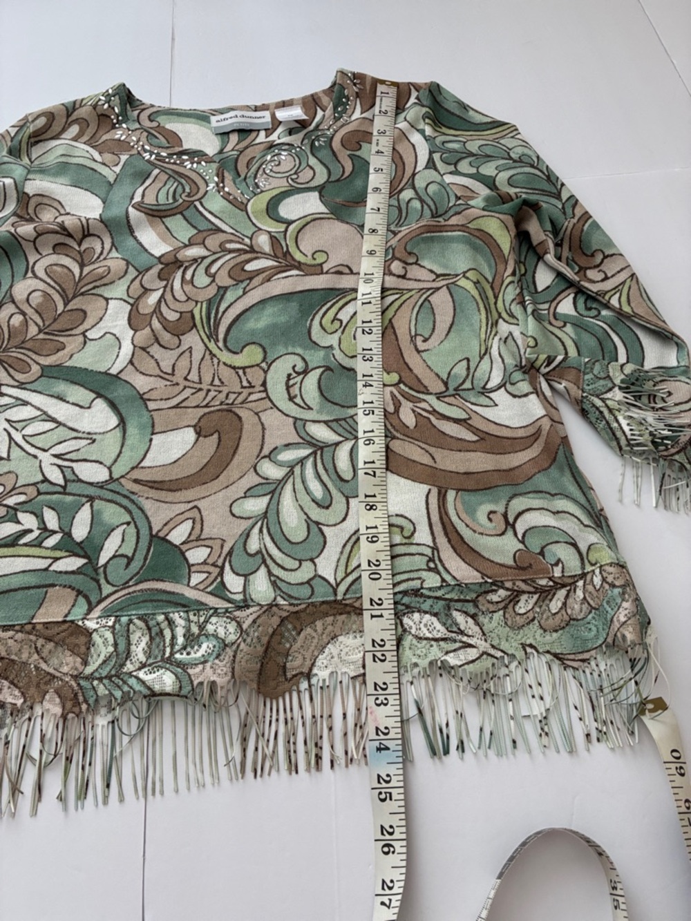Alfred Dunner Boho Embellished Green and Brown Swirl Patterned Fringe Hem Blouse - Picture 9 of 9